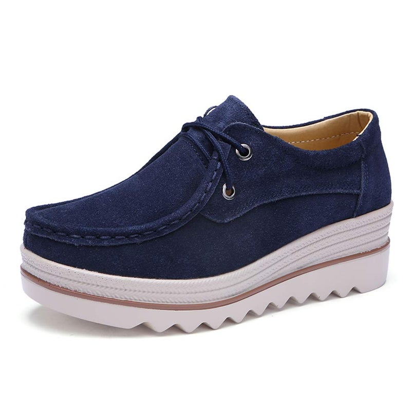 Ruiatoo Women Platform Lace Up Loafers Comfort Genuine Suede Wedge Shoes Low Top Moccasins (3089,Deep Blue 36) - Image 3